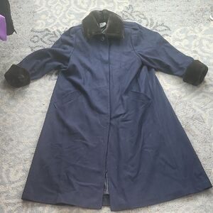 Vintage Pappagallo Wool Coat With Faux Fur Trim Navy Black 6